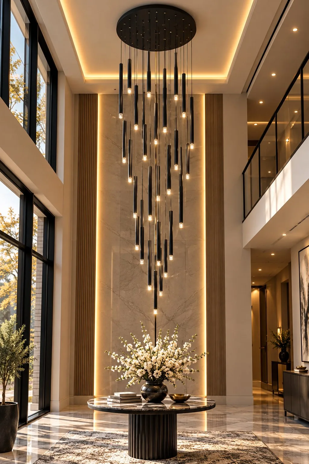 Noir Linear Tube Cascade Chandelier – modern cascade chandelier in a double-height foyer | Ferozzi, Atlanta & Alpharetta