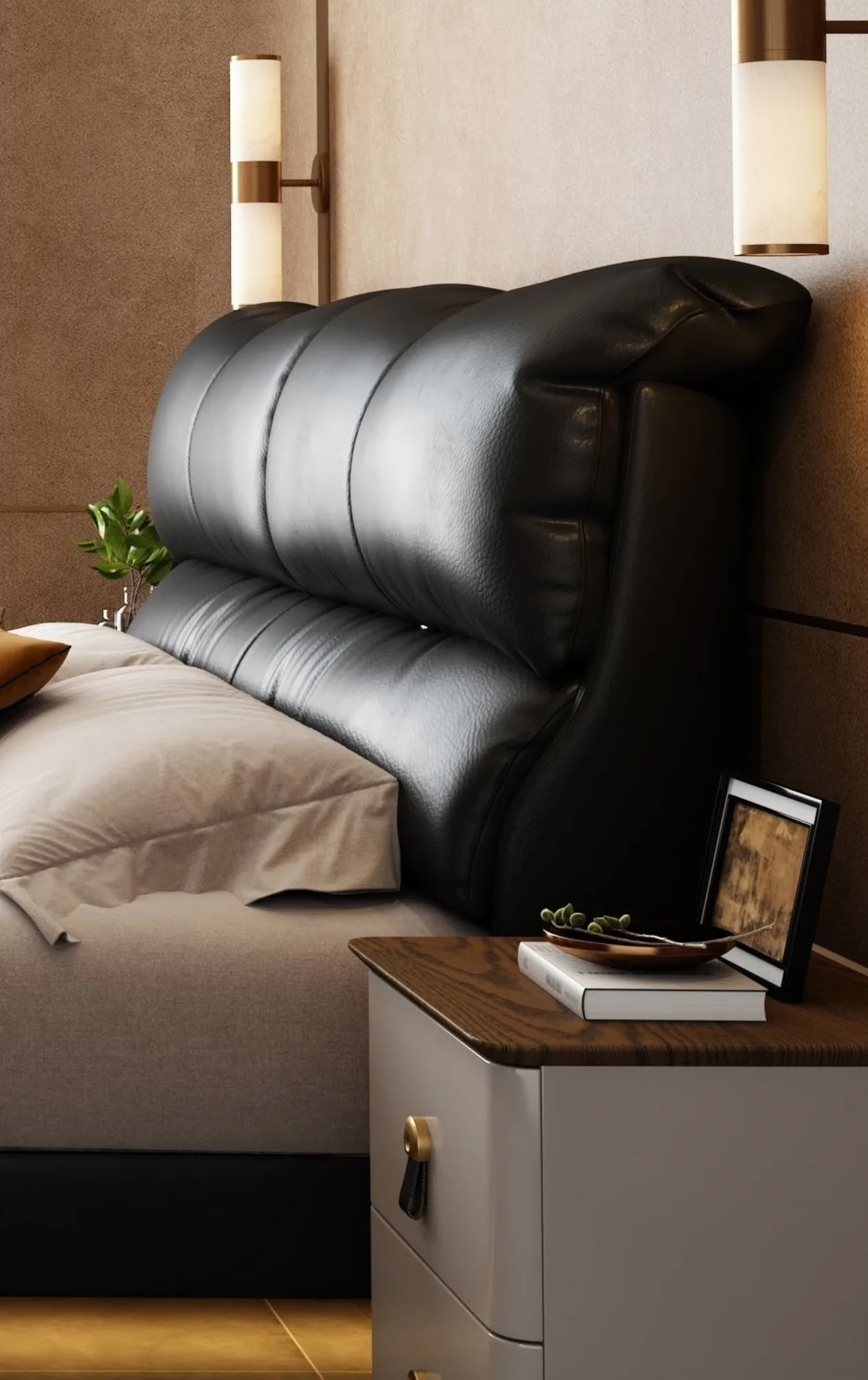 Ferozzi Onyx Bed with Nightstands – headboard detail, 2027 Collection with walnut details
