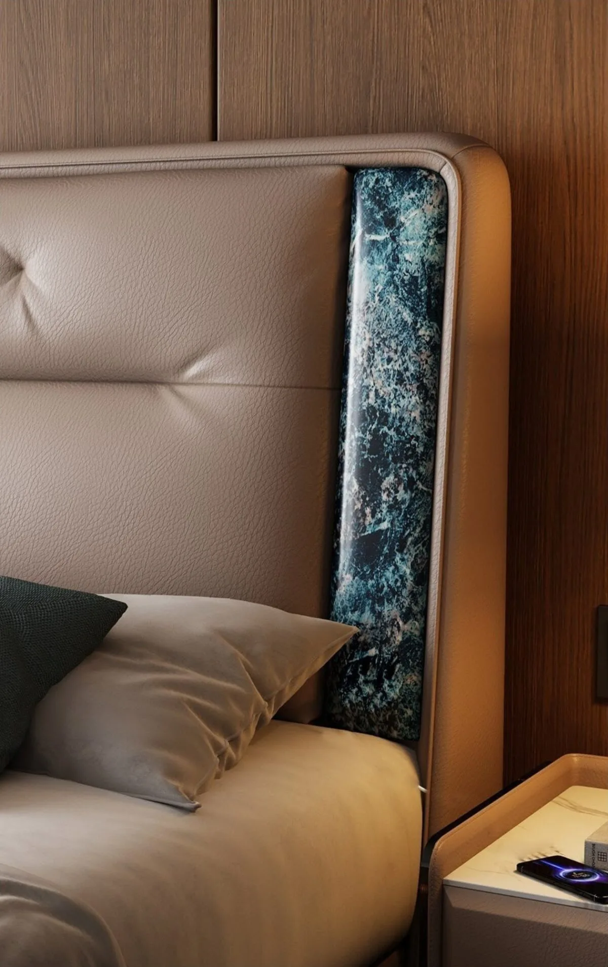 Ferozzi Palm Beach Bed with Nightstands – headboard detail, 2027 Collection with walnut details
