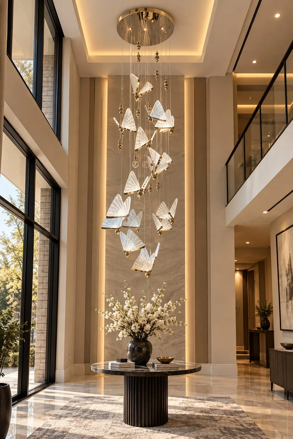 Papillon Butterfly Chandelier – modern cascade chandelier in a double-height foyer | Ferozzi, Atlanta & Alpharetta