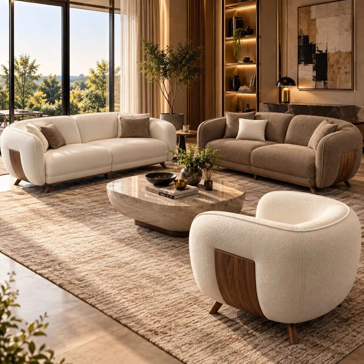 Parla 3+3+1 sofa set in cream and taupe bouclé with sculpted walnut-tone wood arm panels – Ferozzi