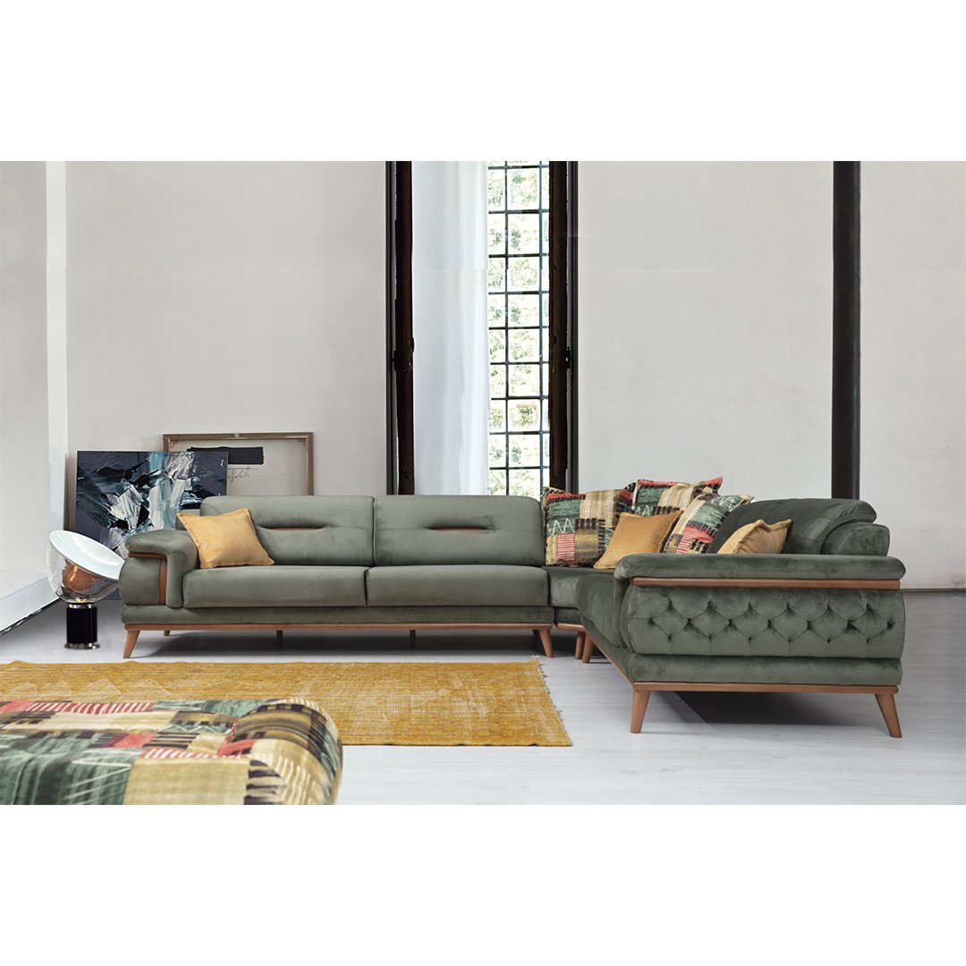 Poyraz Sectional Sofa Green Suede Living Room