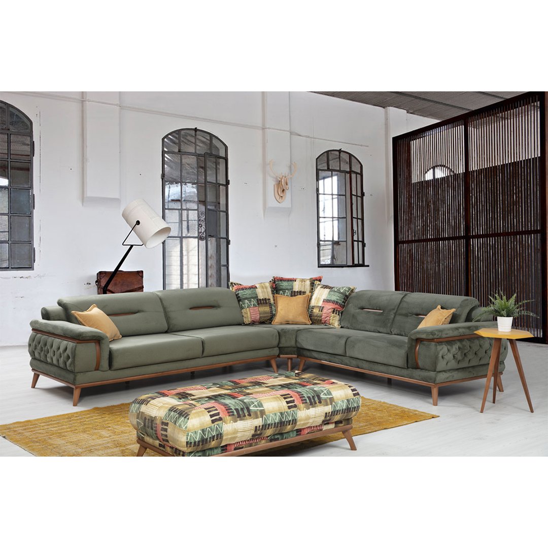 Poyraz Sectional Sofa Green Suede Loft