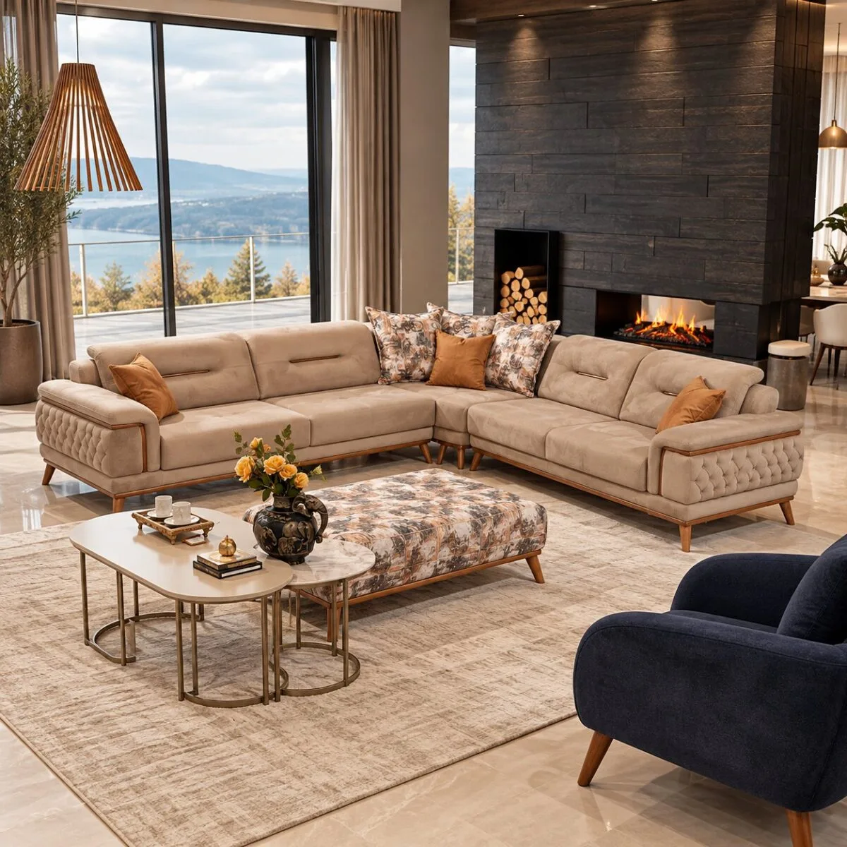 Poyraz Sectional Sofa Latte Sütlü Kahve with Armchair Living Room Lake View
