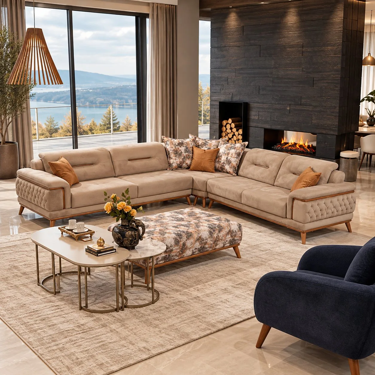 Poyraz Sectional Sofa Latte Sütlü Kahve with Armchair Living Room Lake View