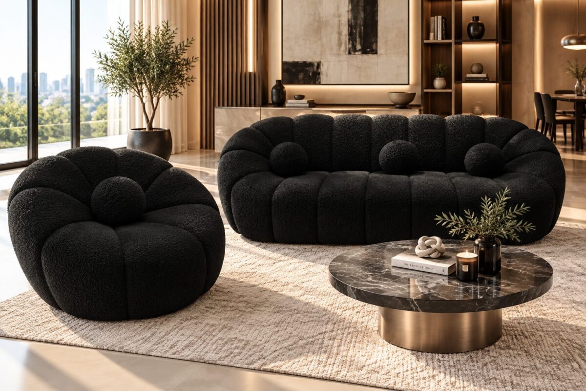 Slice Balloon channel-tufted sofa and armchair in black in a modern living room – Ferozzi Alpharetta
