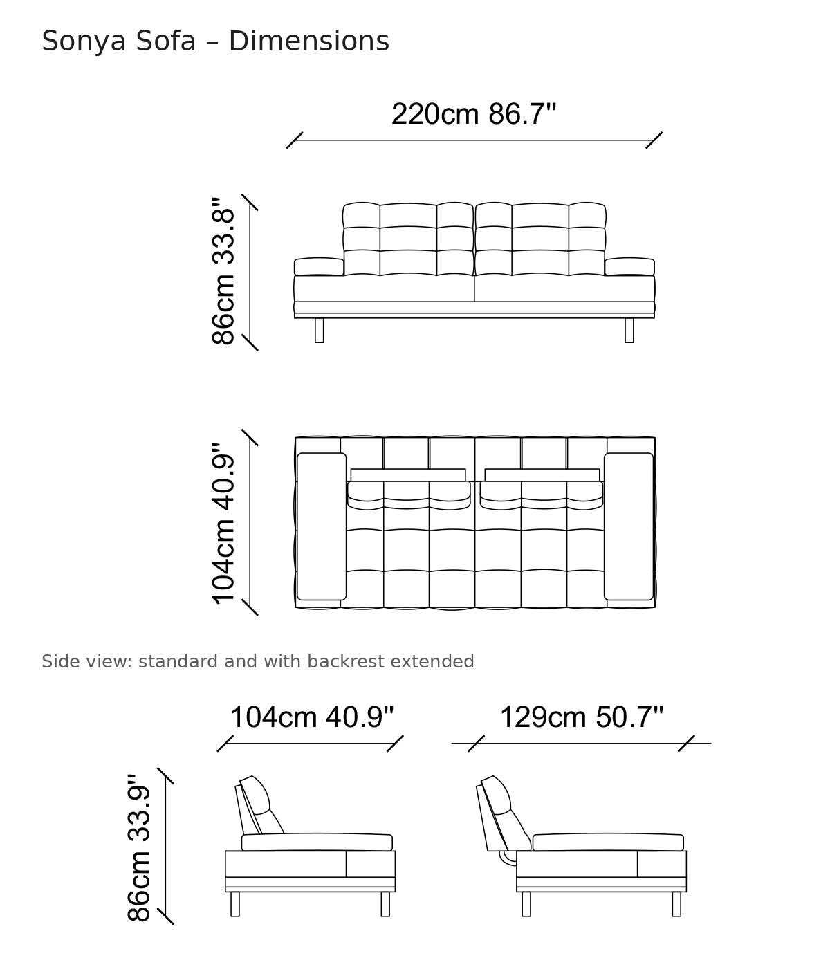 Sonya Sofa Set 3+3+1 – sofa dimensions diagram, 86.7 in wide, 40.9 in deep, 33.8 in high | Ferozzi