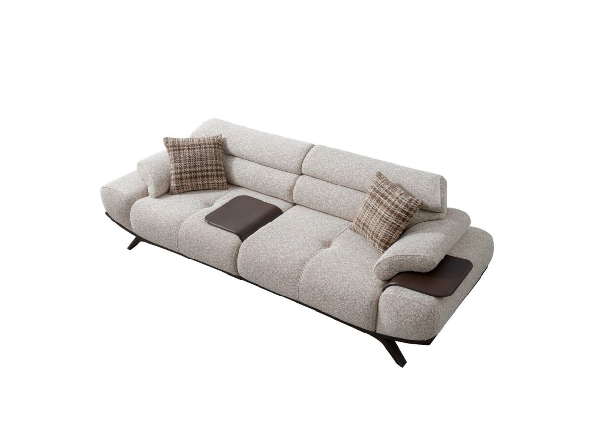 Stella Sofa Set 3+3+1 – cream 3-seater sofa with dark wood armrest trays, white background | Ferozzi