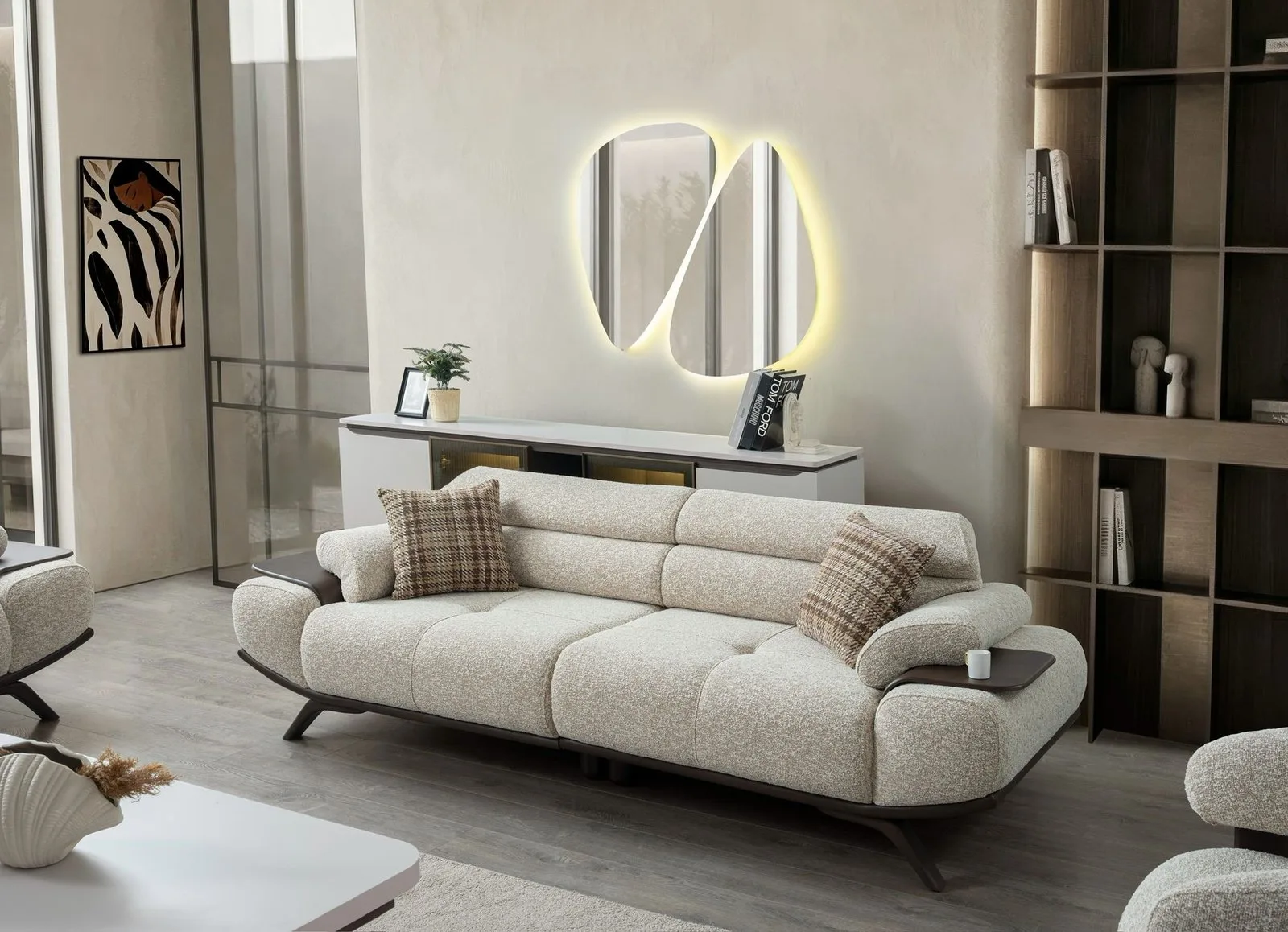 Stella Sofa Set 3+3+1 – cream textured sofa front view | Ferozzi