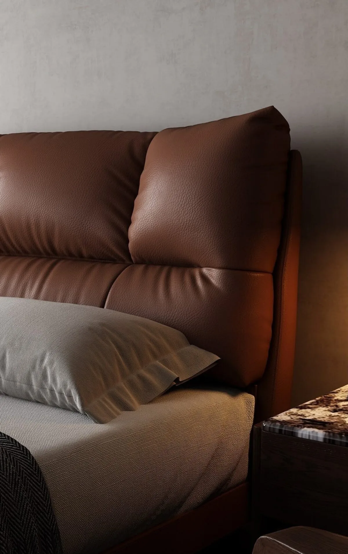 Ferozzi Telluride Bed with Nightstands – headboard detail, 2027 Collection with walnut details