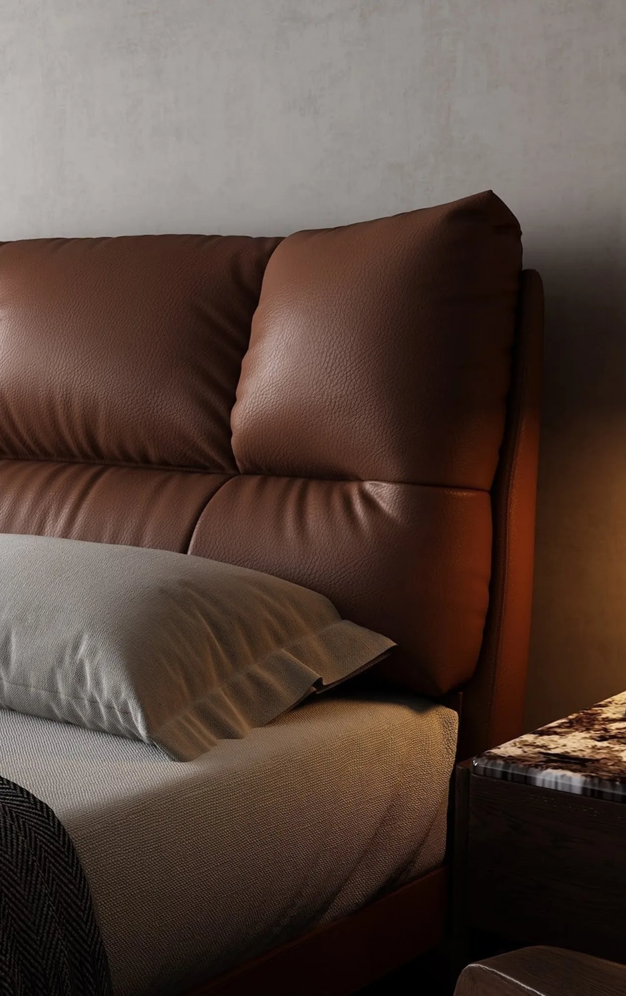 Ferozzi Telluride Bed with Nightstands – headboard detail, 2027 Collection with walnut details