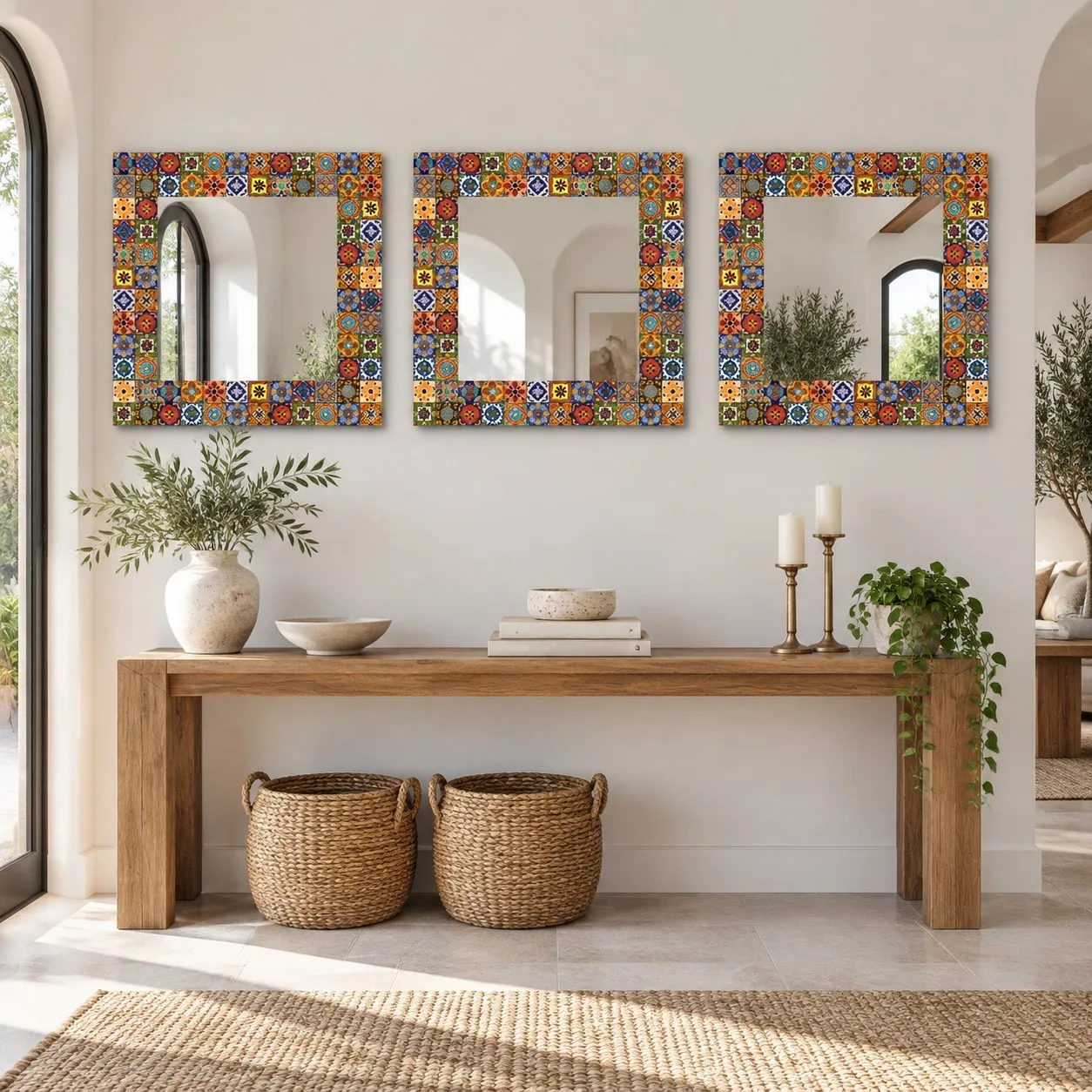 Ayvalık tile patterned three-piece glass wall mirror set — three matching colorful tile mirrors above a console table