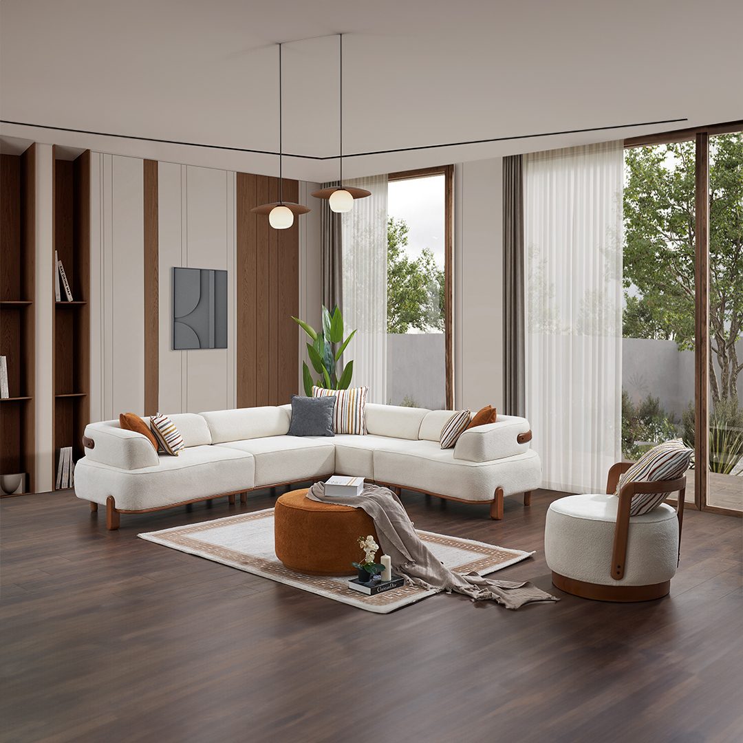 Vision light cream corner sectional with wood-frame armchair and ottoman – Ferozzi Alpharetta