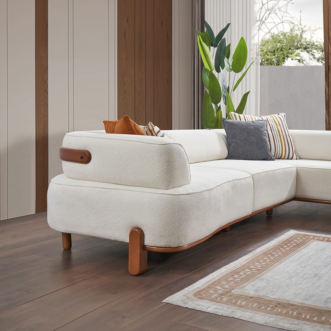 Vision light cream sectional with solid wood legs detail – Ferozzi