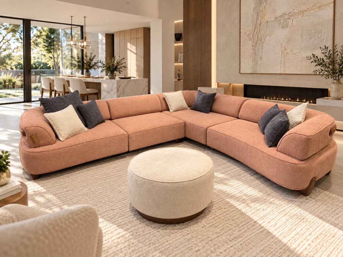 Vision blush pink corner sectional in a luxury modern living room – Ferozzi