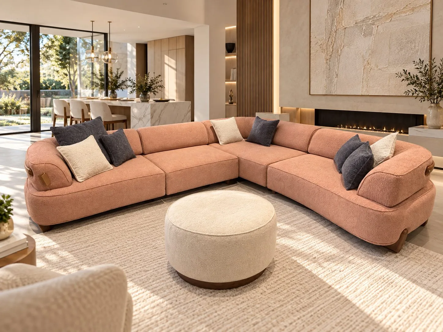 Vision blush pink corner sectional in a luxury modern living room – Ferozzi