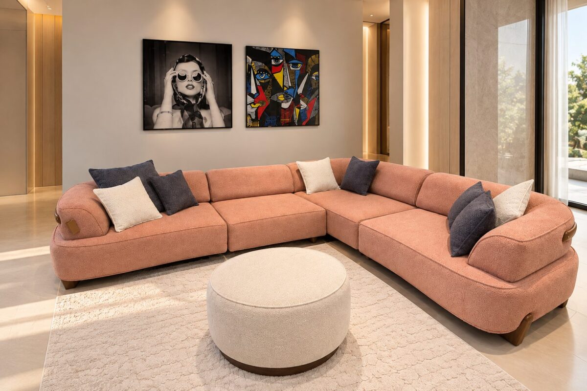 Vision corner sectional in blush pink with round ottoman – Ferozzi