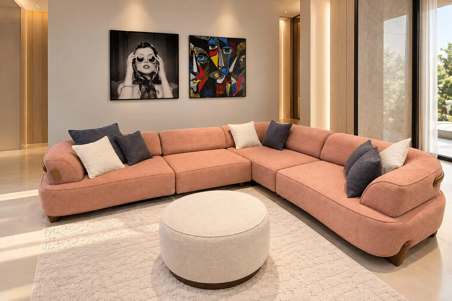 Vision corner sectional in blush pink with round ottoman – Ferozzi