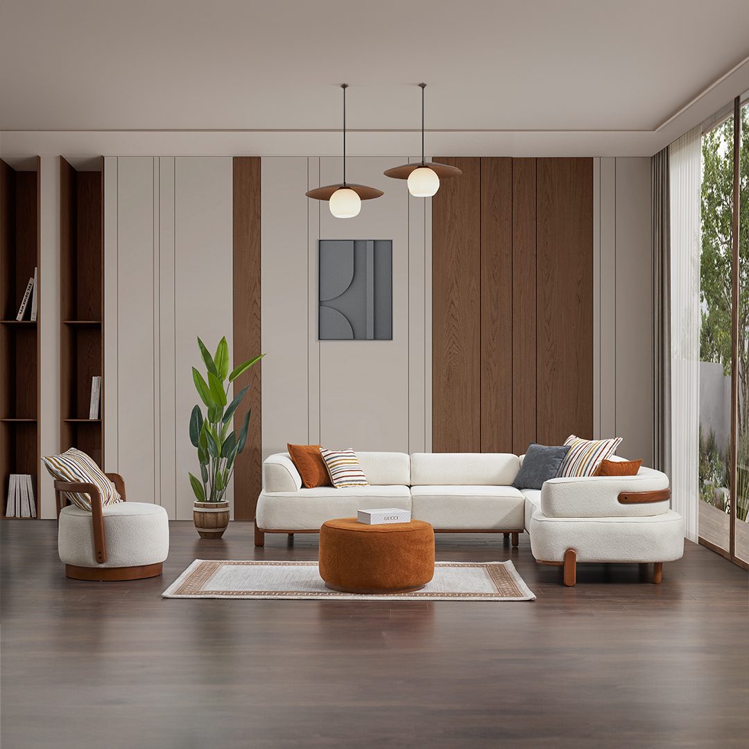 Vision sectional set in light cream with armchair and round ottoman in a modern living room – Ferozzi Atlanta