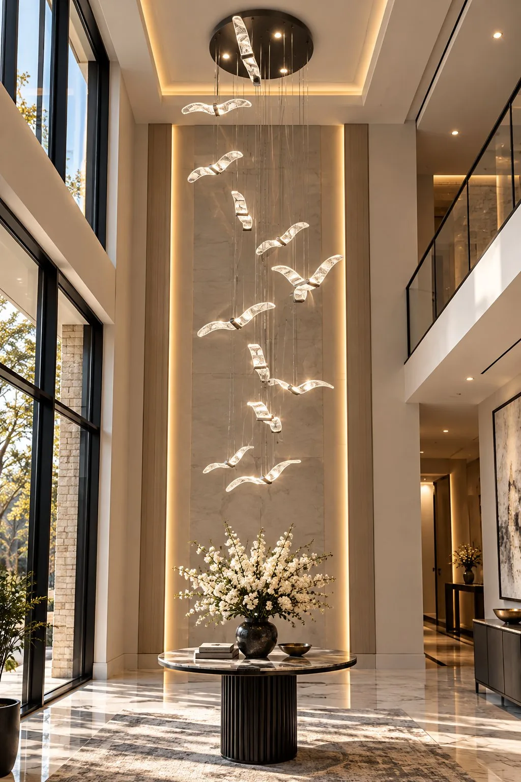 Volare Flying Bird Chandelier – modern cascade chandelier in a double-height foyer | Ferozzi, Atlanta & Alpharetta