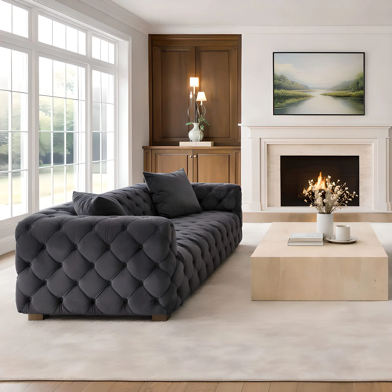 Zeuss tufted velvet sofa in Anthracite by a fireplace – Ferozzi