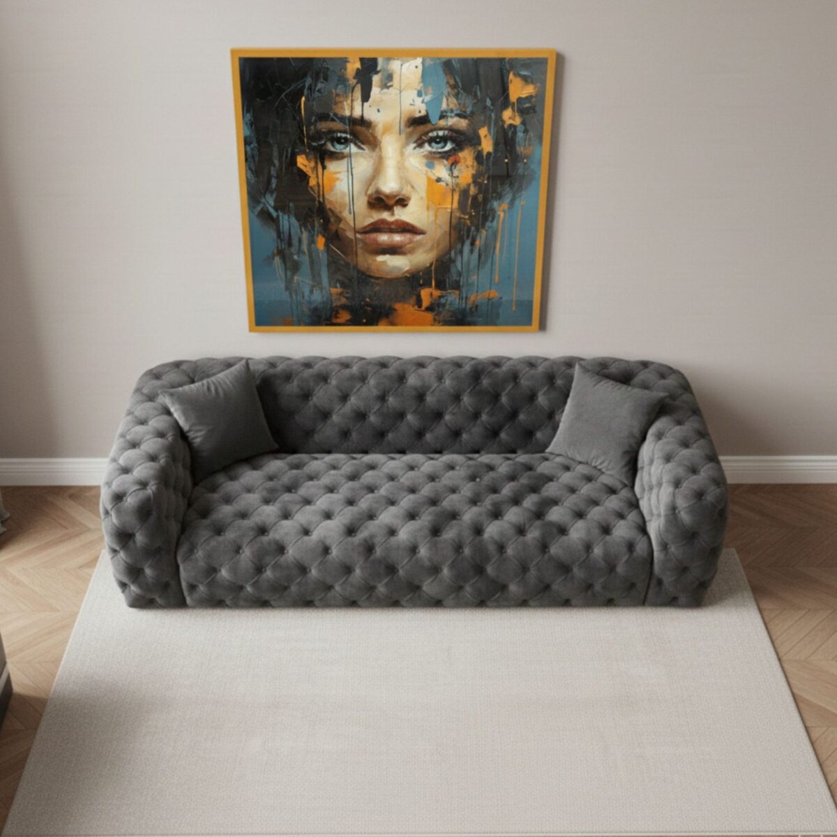 Zeuss tufted velvet sofa in Anthracite, front view – Ferozzi