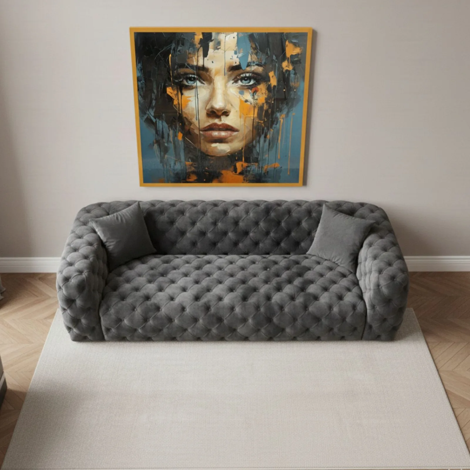 Zeuss tufted velvet sofa in Anthracite, front view – Ferozzi