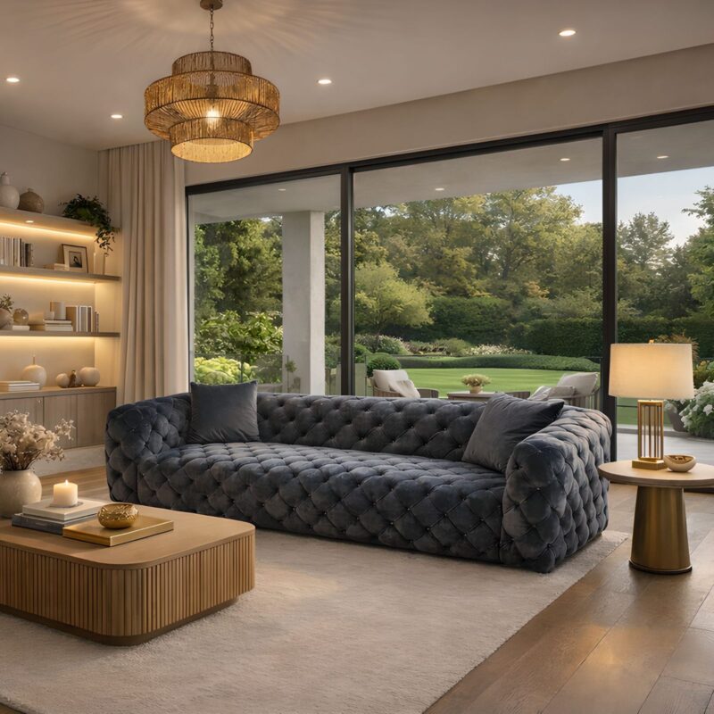 Zeuss Tufted Velvet Sofa in Anthracite | Pearl Grey