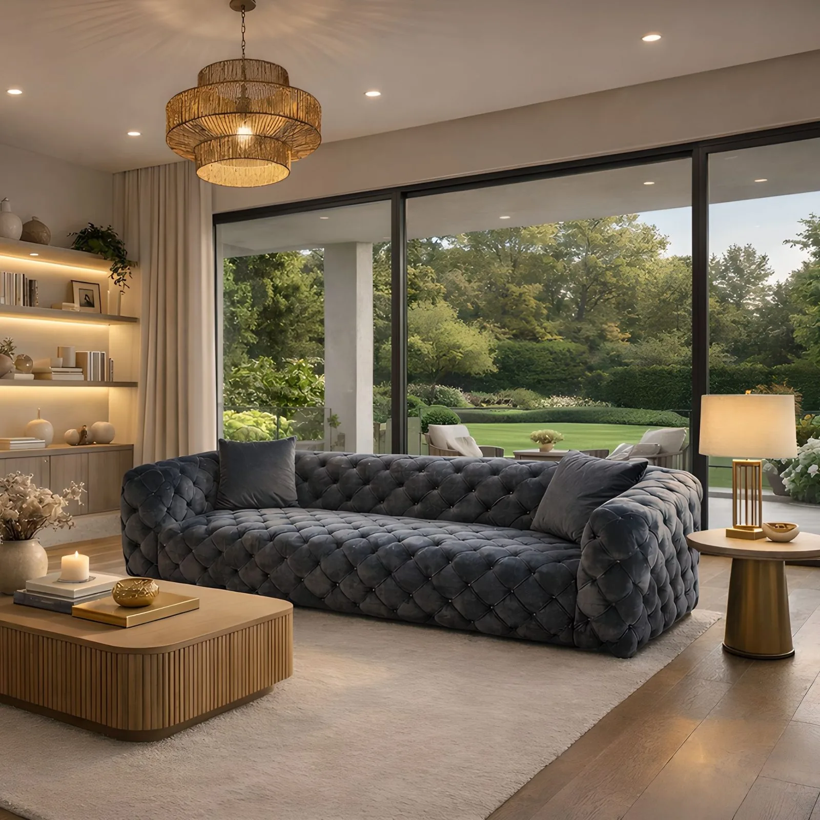 Zeuss tufted velvet sofa in Anthracite in a modern living room with garden view – Ferozzi