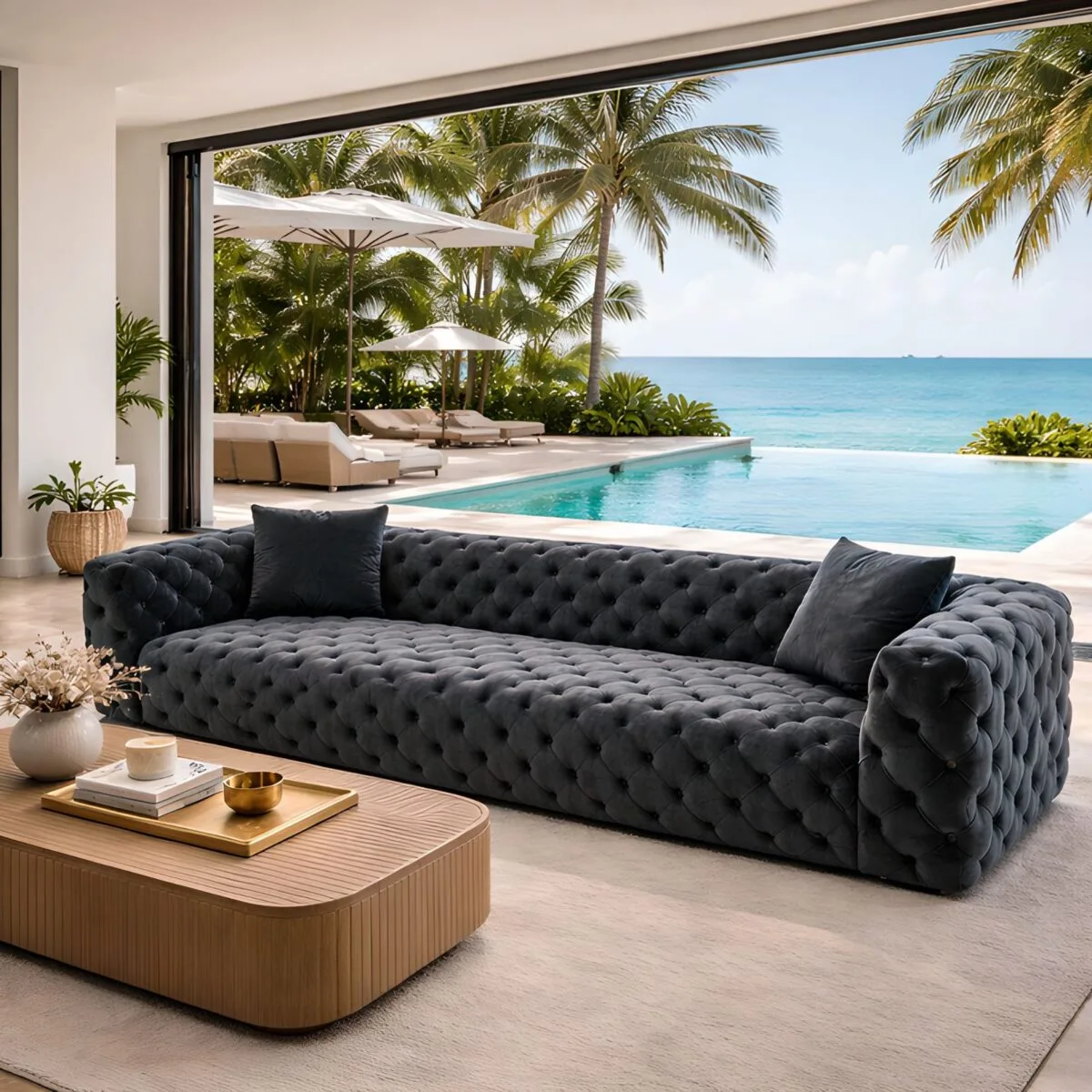 Zeuss tufted velvet sofa in Anthracite in a luxury living room with pool view – Ferozzi