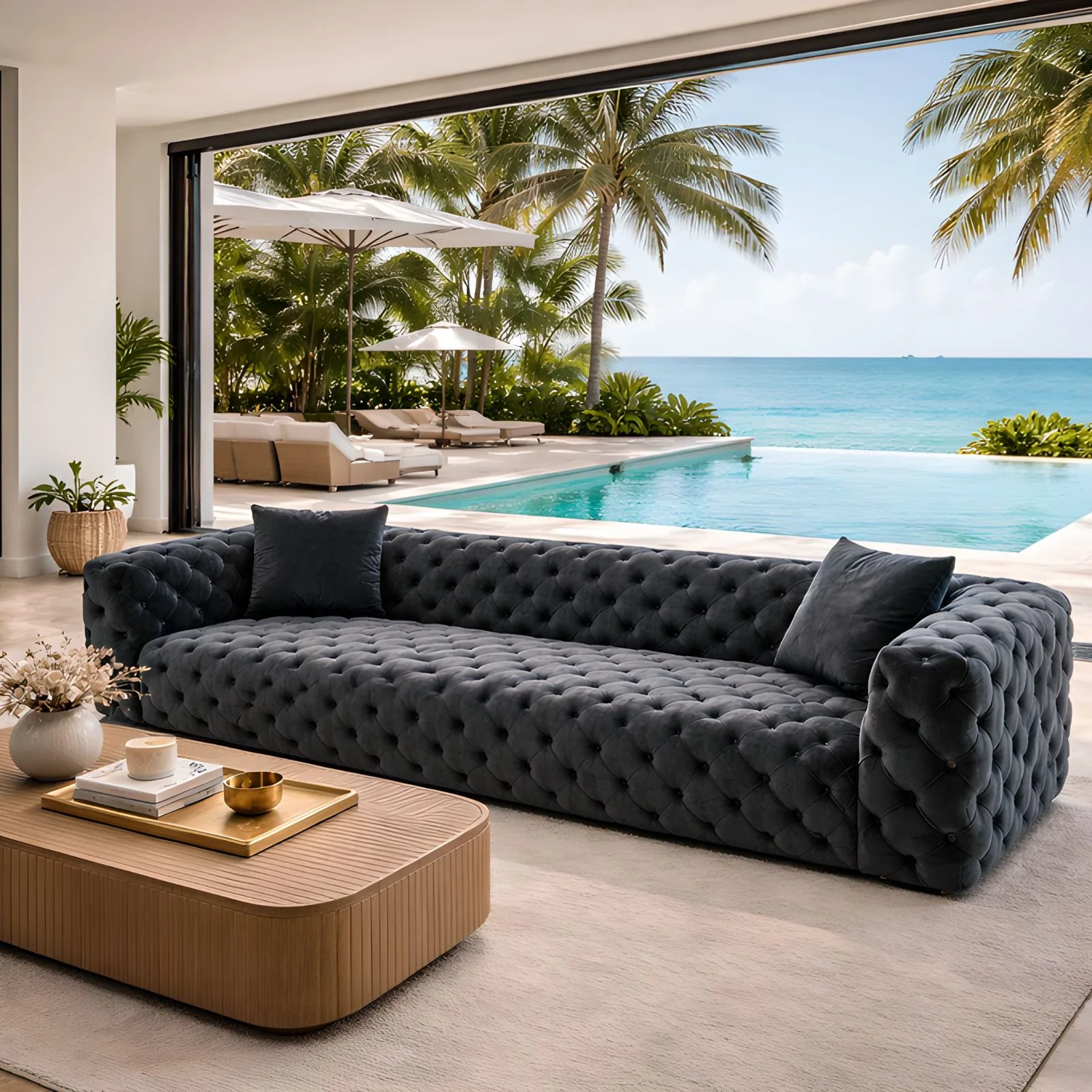 Zeuss tufted velvet sofa in Anthracite in a luxury living room with pool view – Ferozzi