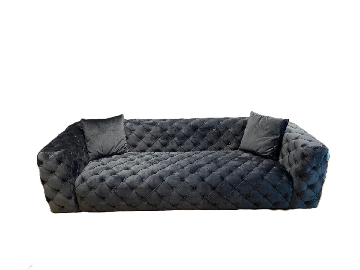 Zeuss tufted velvet sofa in Anthracite on white background – Ferozzi