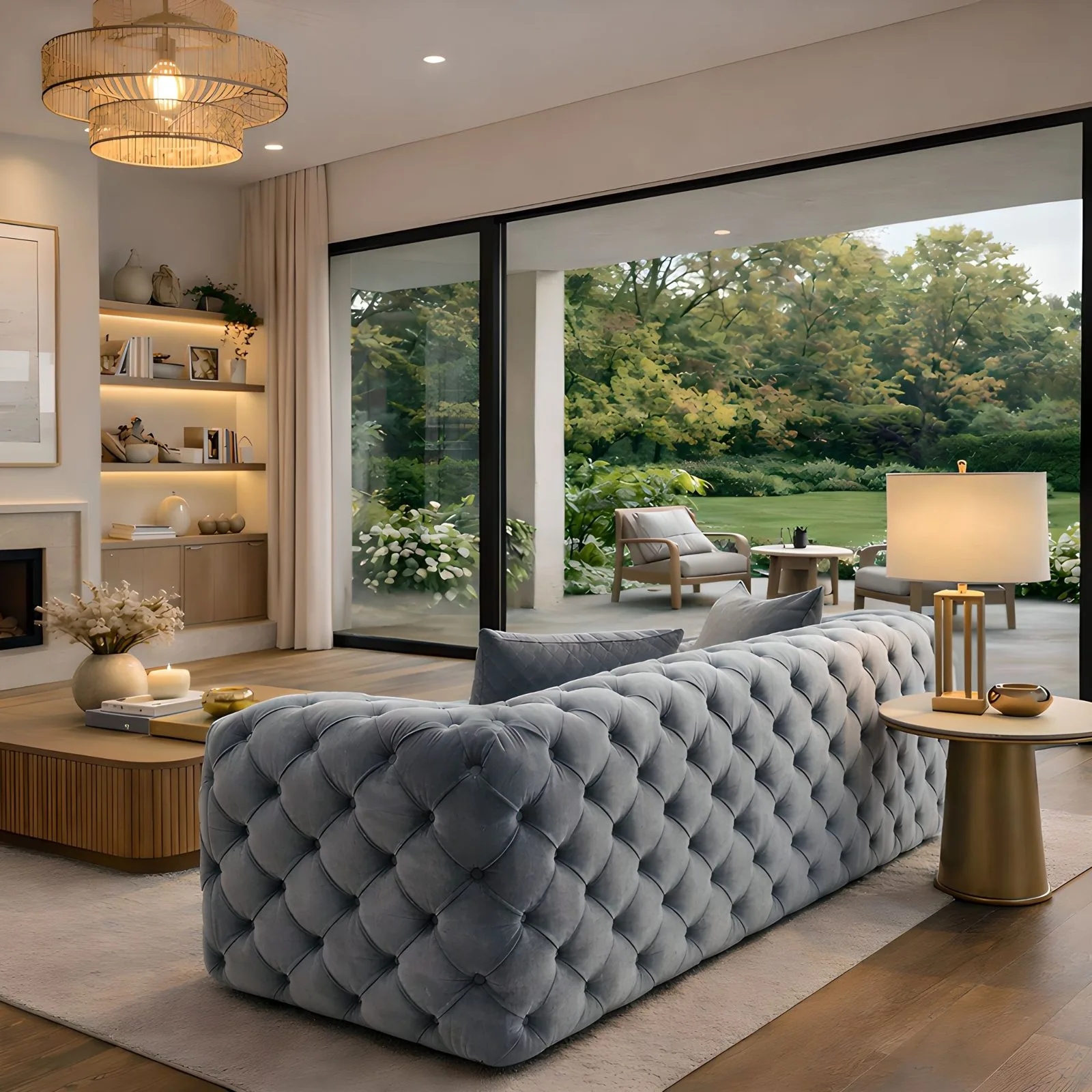 Zeuss tufted velvet sofa in Pearl Grey, back view – Ferozzi