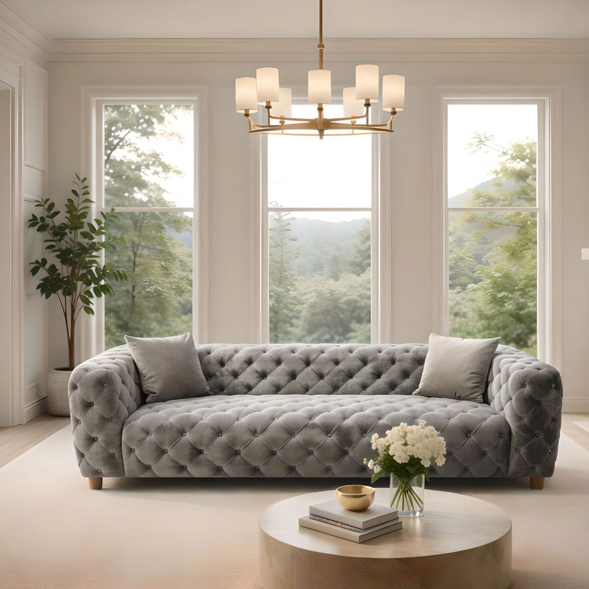 Zeuss tufted velvet sofa in Pearl Grey in a living room with chandelier – Ferozzi