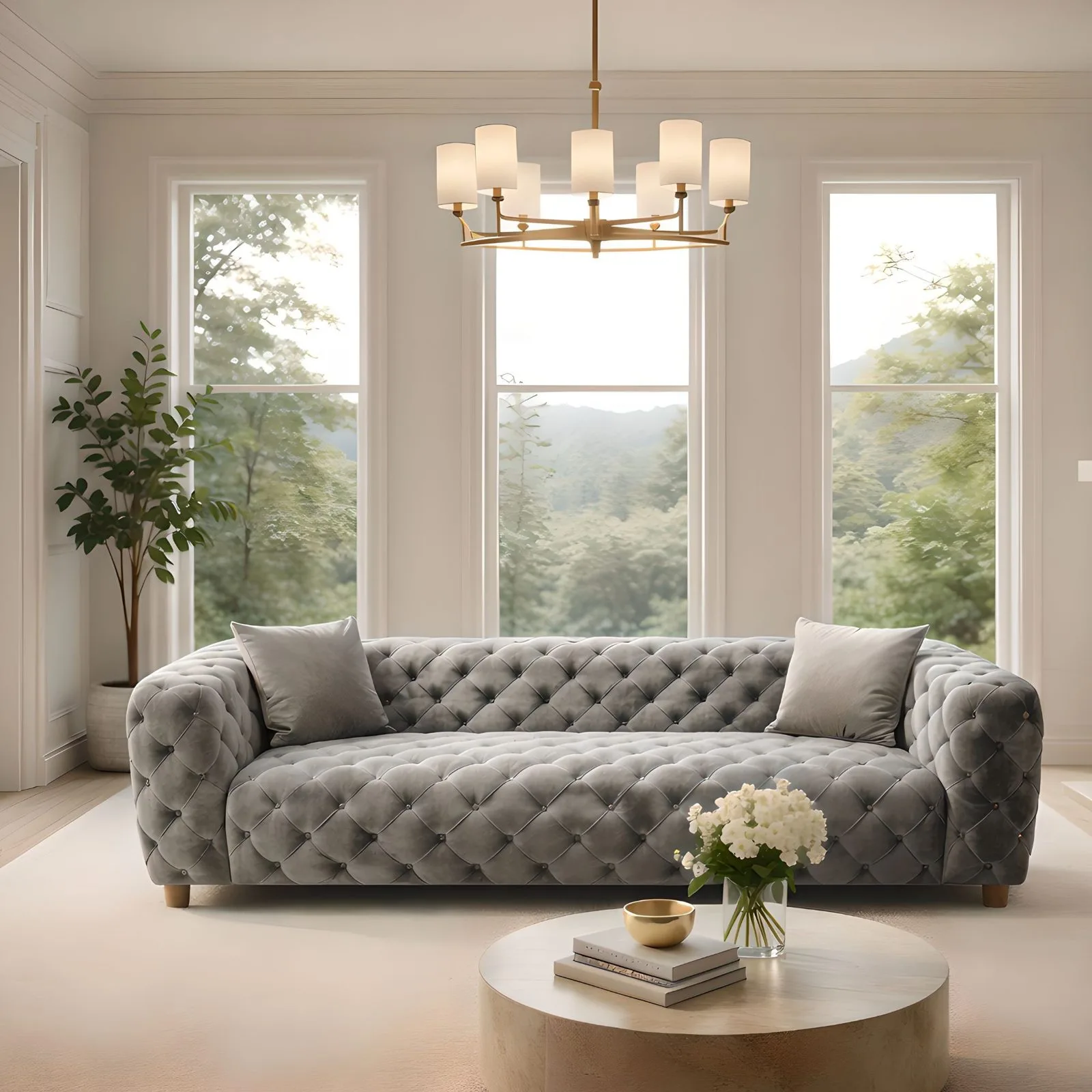 Zeuss tufted velvet sofa in Pearl Grey in a living room with chandelier – Ferozzi