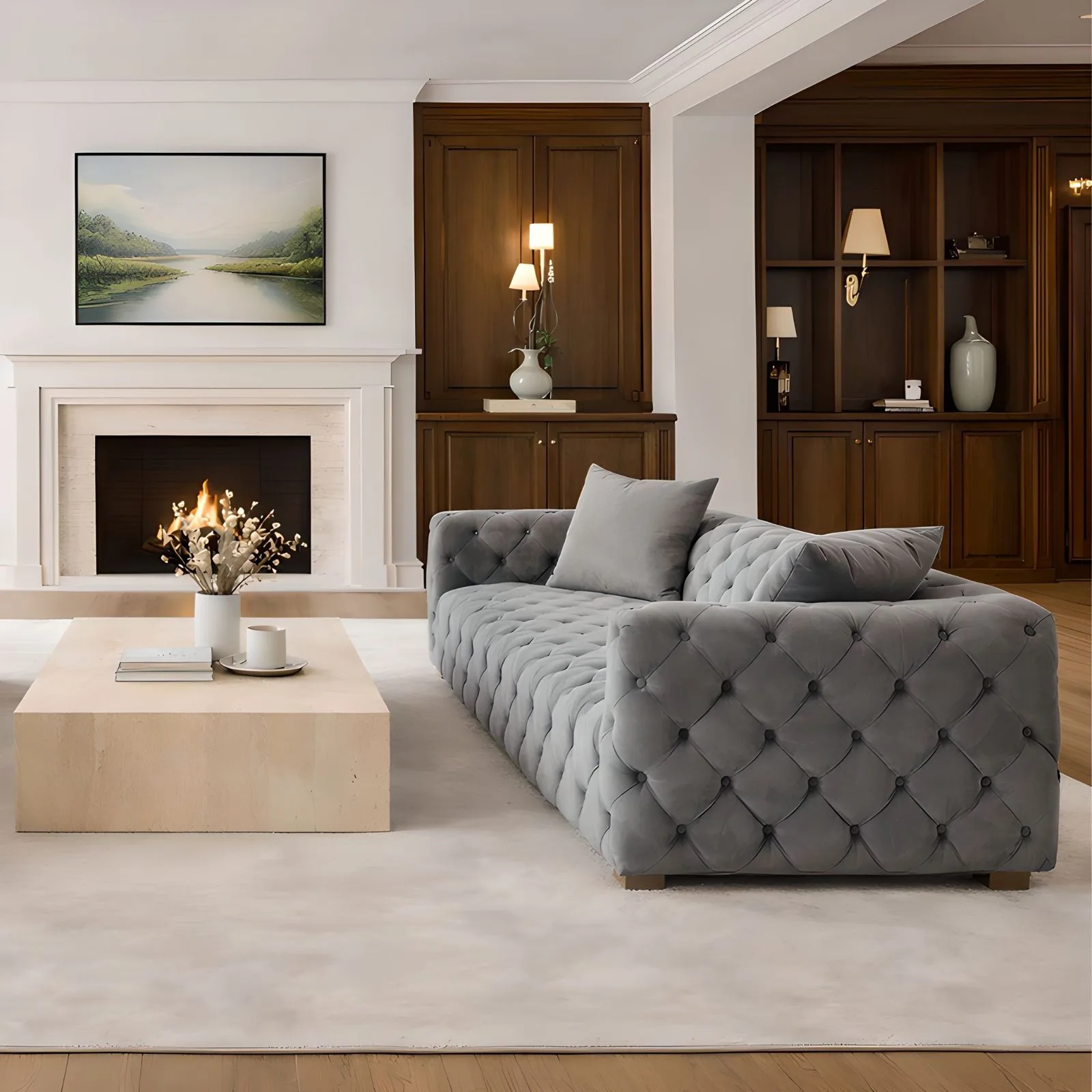 Zeuss tufted velvet sofa in Pearl Grey by a fireplace – Ferozzi
