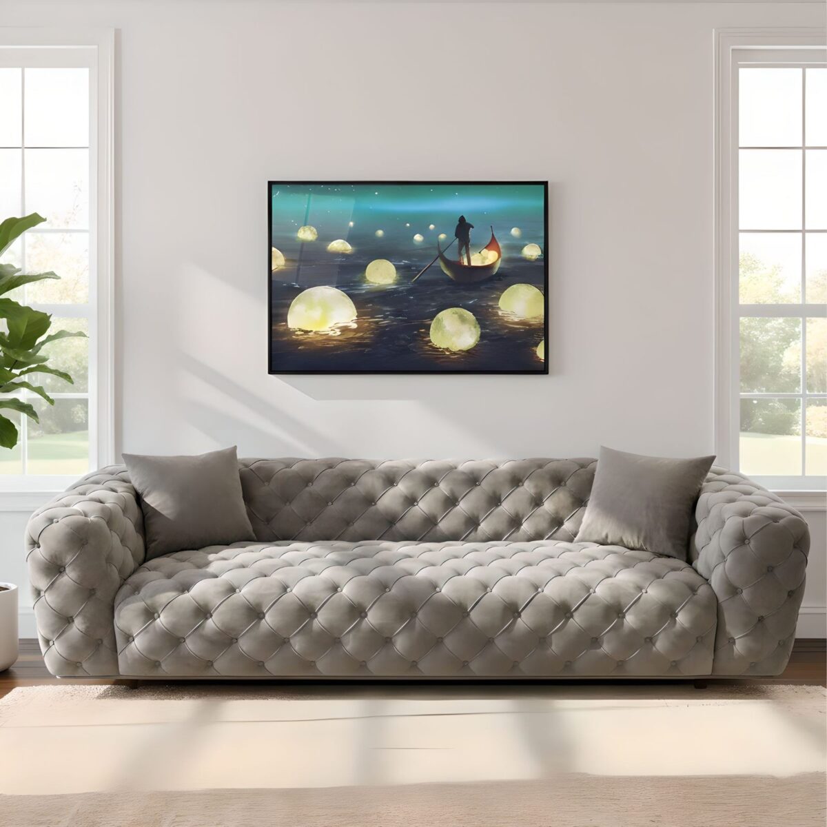 Zeuss tufted velvet sofa in Pearl Grey, front view – Ferozzi