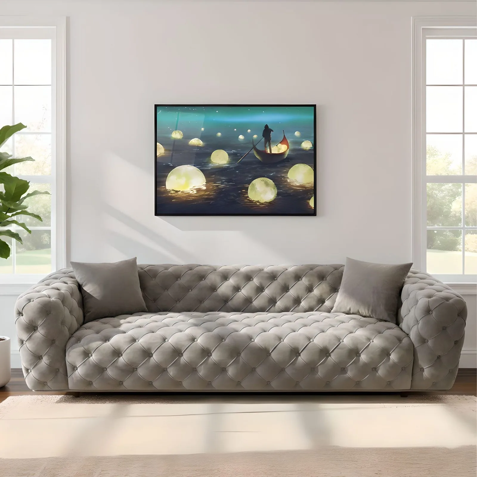 Zeuss tufted velvet sofa in Pearl Grey, front view – Ferozzi
