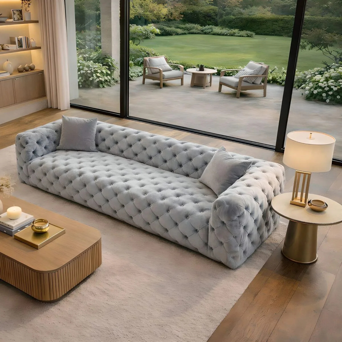Zeuss tufted velvet sofa in Pearl Grey in a bright living room with garden view – Ferozzi