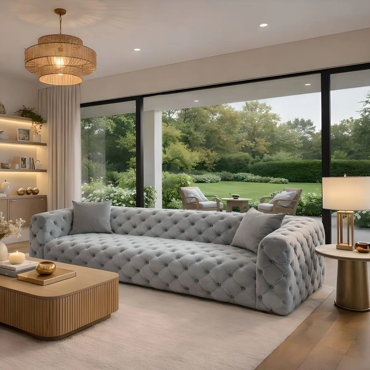 Zeuss tufted velvet sofa in Pearl Grey in a modern living room with garden view – Ferozzi