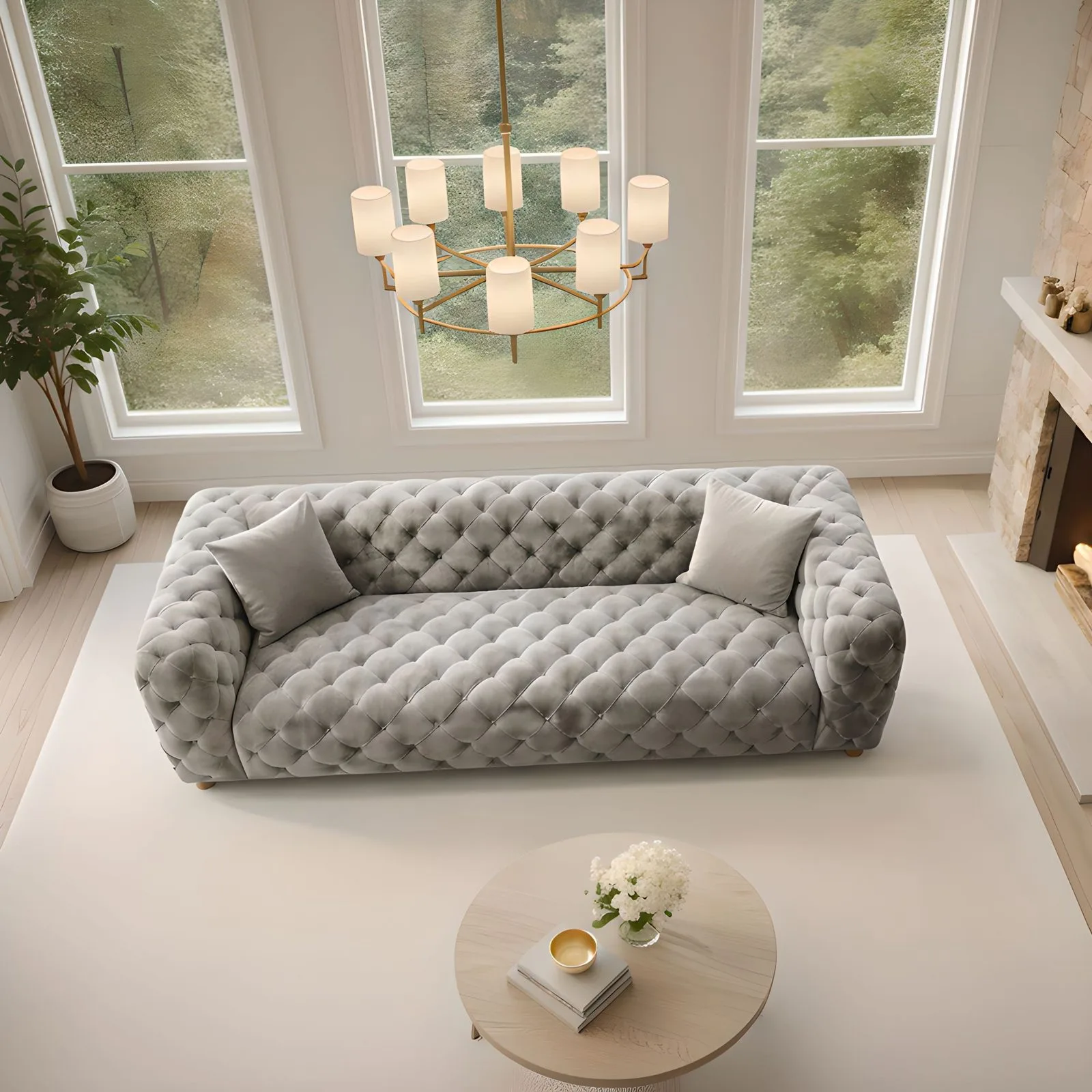 Zeuss tufted velvet sofa in Pearl Grey, top view – Ferozzi